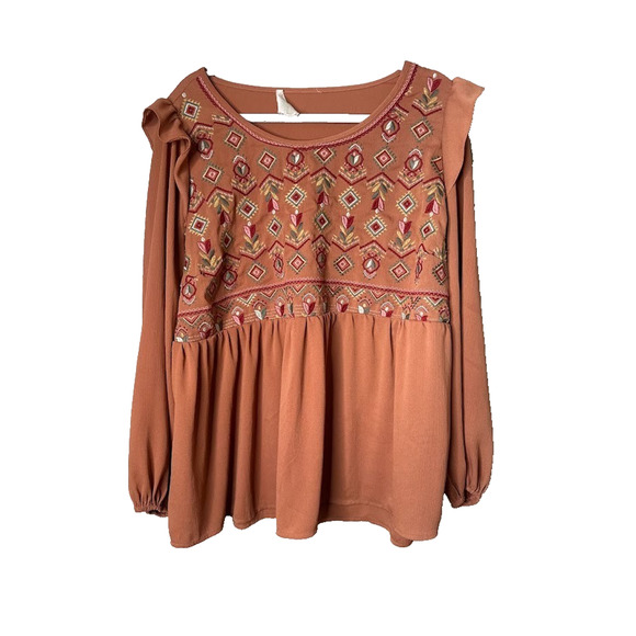 Savanna Jane Tops - Savanna Jane Embroidered Peasant Top Size 1X Rust Orange Long Sleeve Boho Blouse